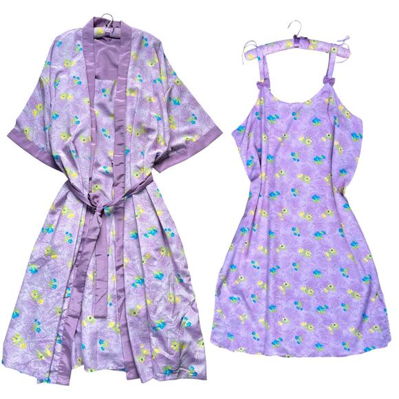 90s NWT Contessa Di Roma Lilac Floral Print Midi Slip Dress Robe Set 2X Plus - Picture 1 of 4